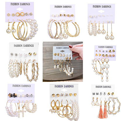 6 пары комплектов сережек из сплава, с имитацией жемчуга, золотые