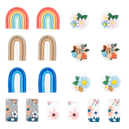 18Pcs 9 Style Handmade Polymer Clay Pendants, Mixed Shapes