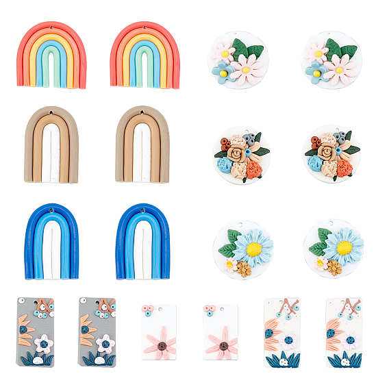 18Pcs 9 Style Handmade Polymer Clay Pendants, Mixed Shapes