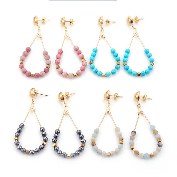 Brass Ear Studs, with Natural & Synthetic Mixed Stone, and Electroplate Non-magnetic Synthetic Hematite Beads, Golden