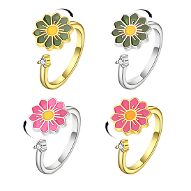 Enamel Flower Rotatable Open Cuff Rings for Women, Brass Micro Pave Clear Cubic Zirconia Fidget Spinner Rings