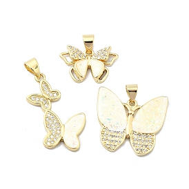 Brass Micro Pave Clear Cubic Zirconia Pendants, with Sythetic Opal, Butterfly