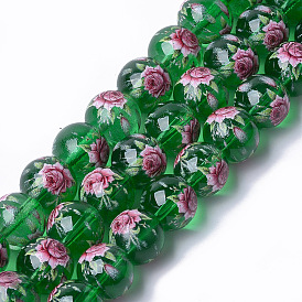 Perles de verre transparentes imprimées et peintes au pistolet, ronde avec motif de fleurs