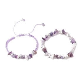 2Pcs Adjustable Natural Gemstone Braided Bracelets & Stretch Bracelet Sets