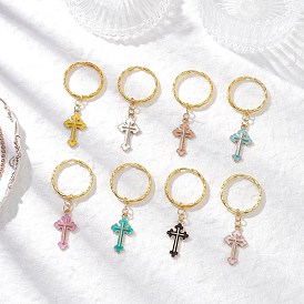 Брелки из сплава эмали, с железными разрезными брелоками, крестик, золотые