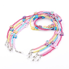 Chaînes de lunettes, tour de cou pour lunettes, avec des perles rondes acryliques, perles en pâte polymère et extrémité de boucle en caoutchouc, carré avec fleur