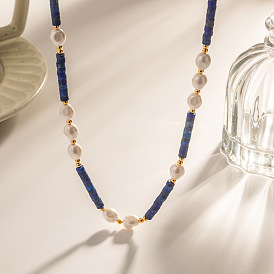 Necklace Lapis Lazuli Freshwater Pearl Necklace Women's Versatile Titanium Steel Never Fading Necklace Jewelry