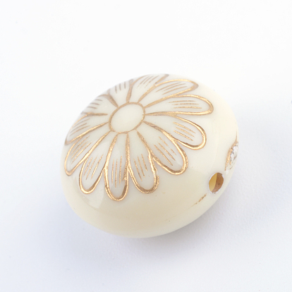 Flat Round with Flower Plating Acrylic Beads, Golden Metal Enlaced, 16x10mm, Hole: 1.5mm, about 380pcs/500g