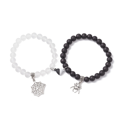 Conjuntos de pulseras elásticas con cuentas de vidrio transparente y piedra negra sintética redonda de 8 mm, Pulseras con dijes de aleación de araña y telaraña de Halloween con cierres magnéticos de corazón para pareja