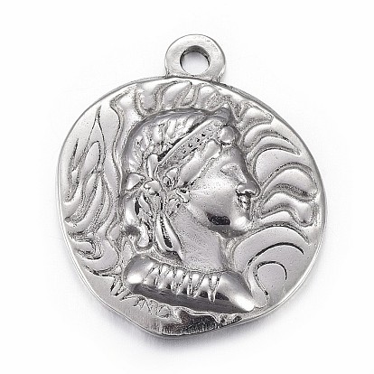 304 Stainless Steel Pendants, Flat Round with Marianne