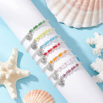 7Pcs Glass Seed Beads Braided Bracelets, Alloy Shell Shape Charms Bracelets, with Glass Beads