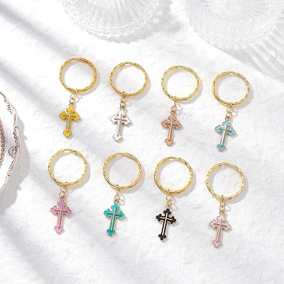 Брелки из сплава эмали, с железными разрезными брелоками, крестик, золотые