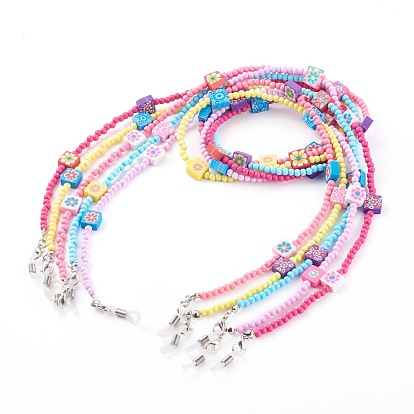 Chaînes de lunettes, tour de cou pour lunettes, avec des perles rondes acryliques, perles en pâte polymère et extrémité de boucle en caoutchouc, carré avec fleur