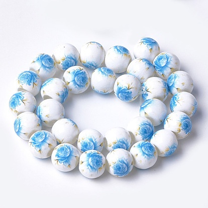 Printed & Spray Painted Glass Beads, Round with Flower Pattern/Tree