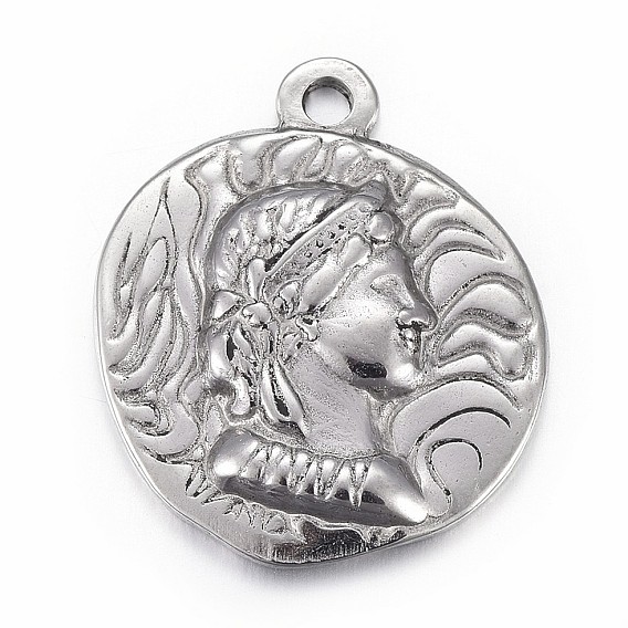 304 Stainless Steel Pendants, Flat Round with Marianne