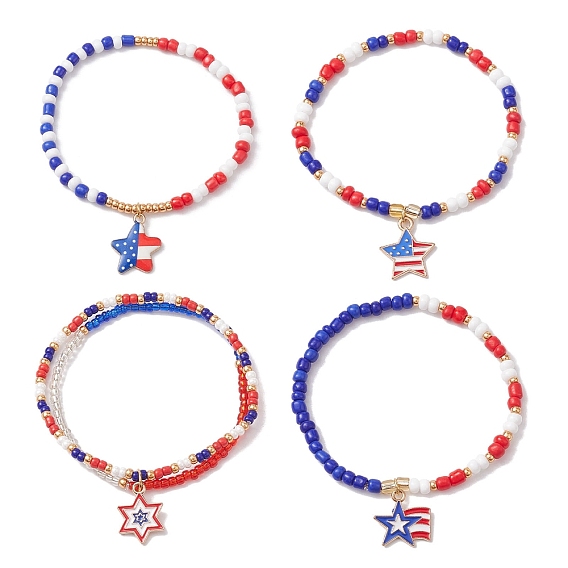 4Pcs 4 Style Glass Seed Beaded Stretch Bracelets Sets, Independence Day Bracelets with Alloy Enamel Star Charms
