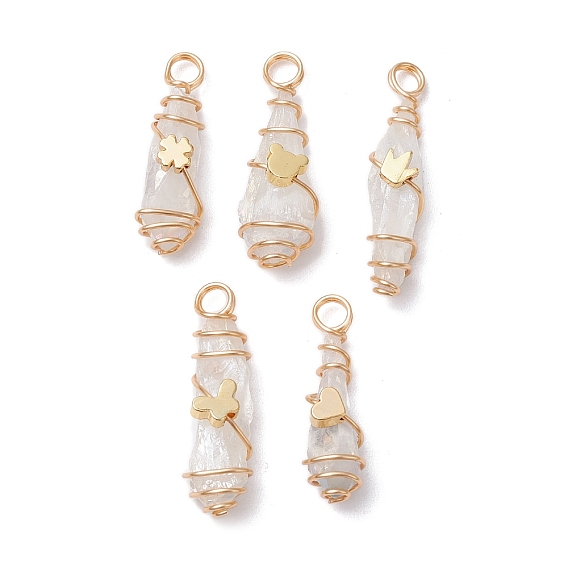 5шт 5 стили гальванические подвески из натуральной кварцевой медной проволоки, слезинки, с латунной бисера, золотые