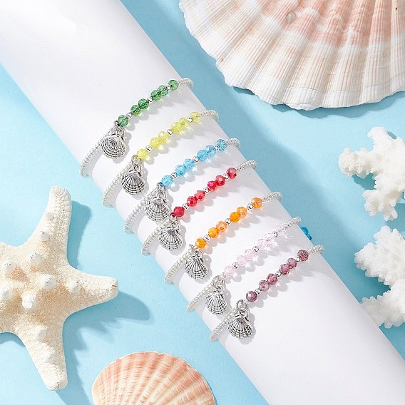 7Pcs Glass Seed Beads Braided Bracelets, Alloy Shell Shape Charms Bracelets, with Glass Beads