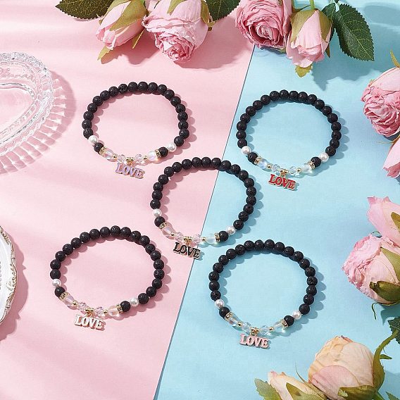 5шт. тематика дня святого валентина круглые бусины из натуральной лавы и синтетического лунного камня растягивающиеся браслеты, сплав эмали подвески браслеты с подвесками для женщин, любить