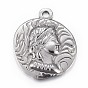 304 Stainless Steel Pendants, Flat Round with Marianne