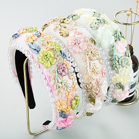 Fashionable Sponge Pearl Fabric Woven Flower Headband for Women's Runway Hair Accessories