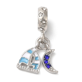 Rack Plating Alloy Rhinestone European Dangle Charms, Large Hole Sailboat & Moon Pendants with Enamel, Cadmium Free & Nickel Free & Lead Free, Platinum