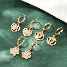 Женские серьги-кольца из латуни с микропаве и прозрачными циркониями, без кадмия и без свинца, долговечный, стойки покрытие, золотые