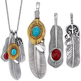 6 шт 3 стили подвески из сплава в тибетском стиле, с бусинами из искусственной бирюзы, прелести из перьев
