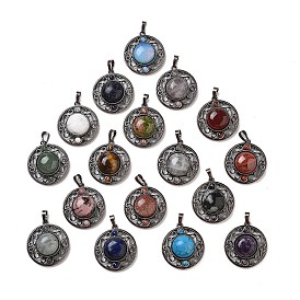 Gemstone Pendants, Brass Hollow Flat Round Charms, Cadmium Free & Lead Free, Red Copper