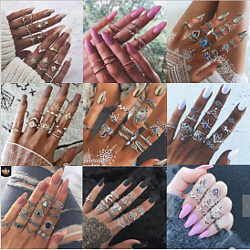 Vintage Geometric Joint Rings Set with Waterdrop Design for Women - 12 Pieces/10 Pieces