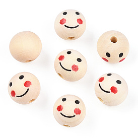 Unfinished Natural Wood Beads, Wooden Smiling Face Print Round Beads, Large Hole Beads