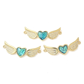 Rack Plating Brass Micro Pave Clear Cubic Zirconia Heart with Wings Connector Charms, with Synthetic Opal, Long-Lasting Plated, Lead Free & Cadmium Free