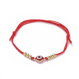 Bracelets de perles de nylon tressés réglables, bracelets ficelle rouge, avec des perles en laiton et des connecteurs / connecteurs mauvais œil en laiton émaillé