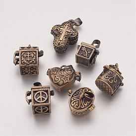 Brass Prayer Box Pendants, Mixed Shapes, Brushed Antique Bronze, 18~26x10~22x10~18mm, Hole: 4.5x6.5mm