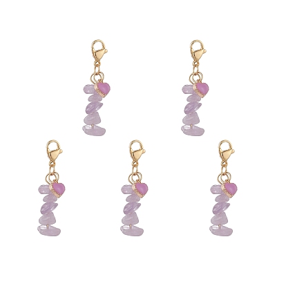 5Colgante con forma de corazón de esmalte de aleación y cuentas de amatista natural., 304 dijes de broche de langosta de acero inoxidable, para llavero, bolso, adorno de mochila