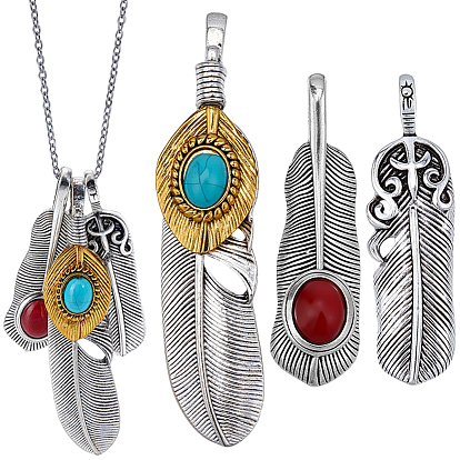 6 шт 3 стили подвески из сплава в тибетском стиле, с бусинами из искусственной бирюзы, прелести из перьев