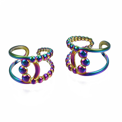 Hollow Double Line Cuff Rings, Rainbow Color 304 Stainless Steel Wide Open Rings for Women