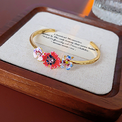 Латунные эмалевые открытые браслеты-манжеты для женщин, цветок, со стразами