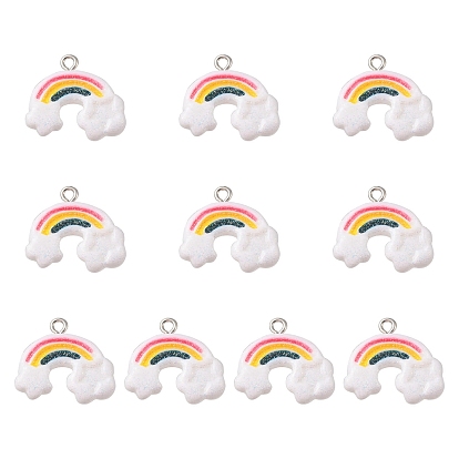 10Pcs Opaque Resin Pendants, Rainbow Charm with Glitter Powder and Platinum Tone Iron Loops