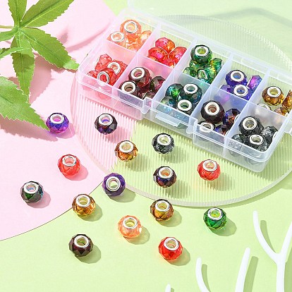 70Pcs 10 Colors Transparent Resin European Beads, Imitation Crystal, Two-Tone Large Hole Beads, with Silver Tone Brass Double Cores, Faceted, Rondelle