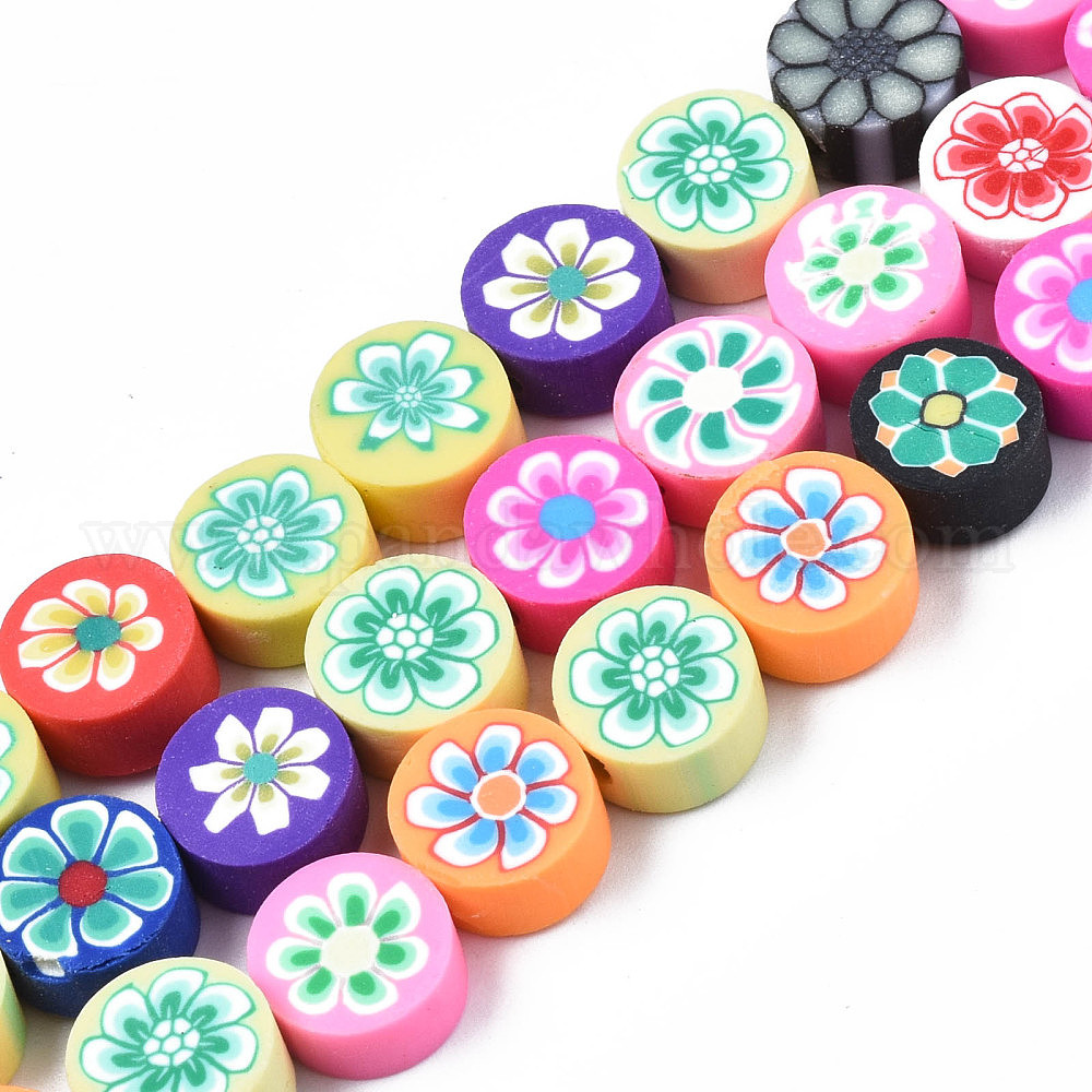 China Factory Handmade Polymer Clay Bead Strands, FLat Round with Flower  9~10x4~5mm, Hole: 1.6mm, about 40pcs/strand, 14.96 inch~15.35 inch(38~39cm)  in bulk online 