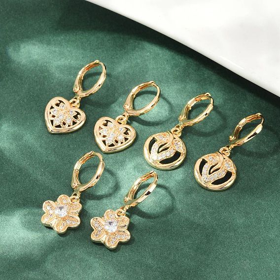 Женские серьги-кольца из латуни с микропаве и прозрачными циркониями, без кадмия и без свинца, долговечный, стойки покрытие, золотые