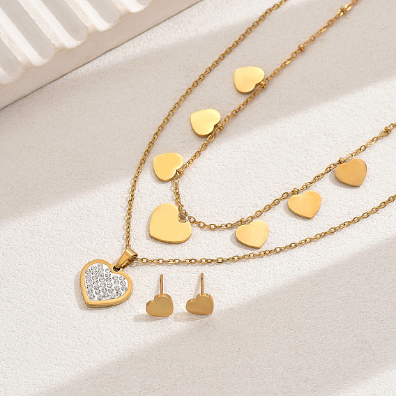 Элегантные винтажные серьги-гвоздики в форме сердца из нержавеющей стали со стразами и двухслойные комплекты ожерелий для женщин