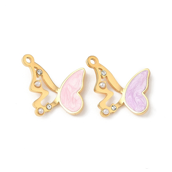 304 нержавеющей стальной эмали подвески, со стразами и жемчужиной из АБС-пластика, подвески-бабочки, ионное покрытие (ip), реальный 18 k позолоченный
