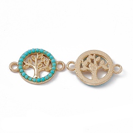 Alloy Connector Charms, with Synthetic Turquoise, Flat Round with Tree