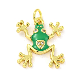 Rack Plating Brass Micro Pave Cubic Zirconia Pendants, with Enamel & Jump Ring, Cadmium Free & Lead Free, Long-Lasting Plated, Real 18K Gold Plated, Frog