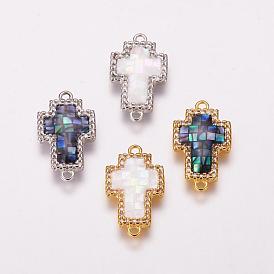 Brass Micro Pave Cubic Zirconia Links, with Freshwater Shell, Cross