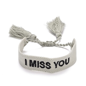 Word I Miss You Polycotton(Polyester Cotton) Braided Bracelet with Tassel Charm, Flat Adjustable Wide Wristband for Couple