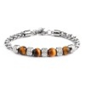 Natural Tiger Eye Beaded Bracelets with Titanium Steel Wheat Chains