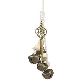 Iron Bell Pendant Decorations, Round Wood Beads & Alloy Key and Cotton Cord for Home Wall Door Hanging Ornaments